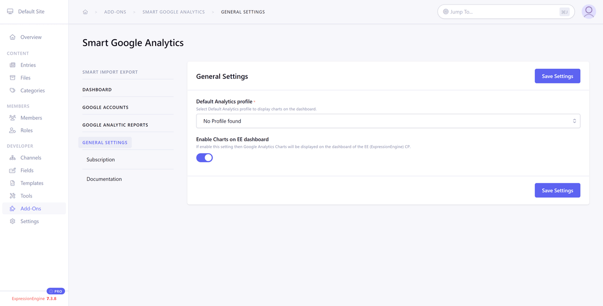 User interface of Smart Google Analytics displaying general settings