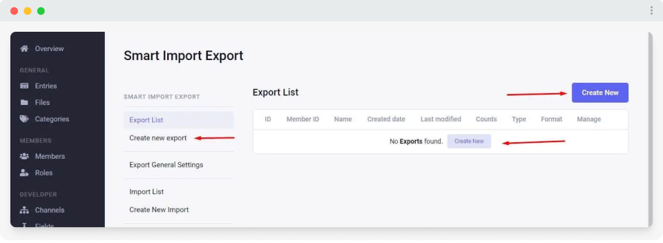Smart Import Export interface with an export list section