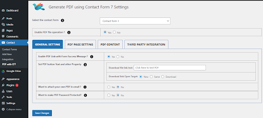 Generate PDF Using Contact Form 7 Pro for Wordpress - General settings