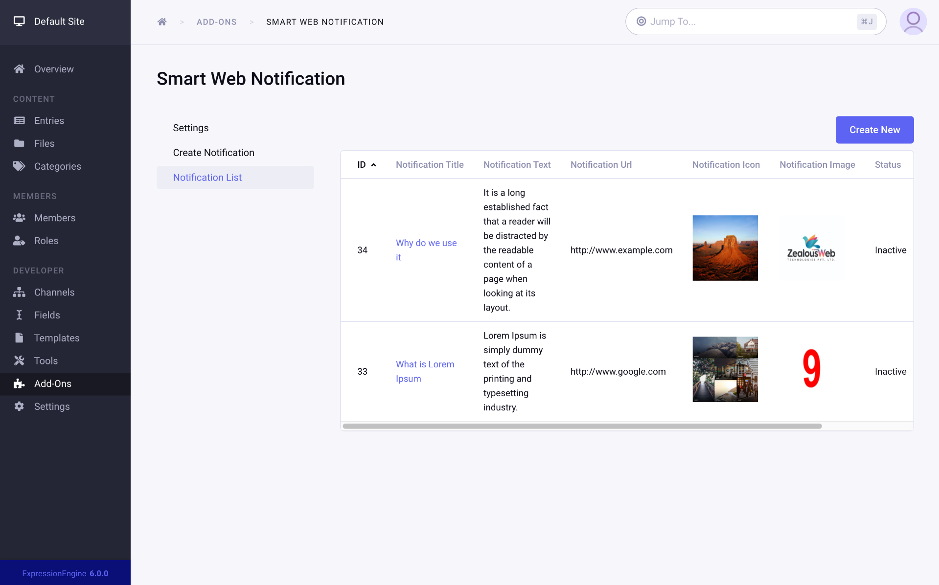 Smart web notification for express engine - notifications list